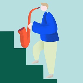 Illustration of person with red hair playing saxophone, no detail or features stylised shapes make picture